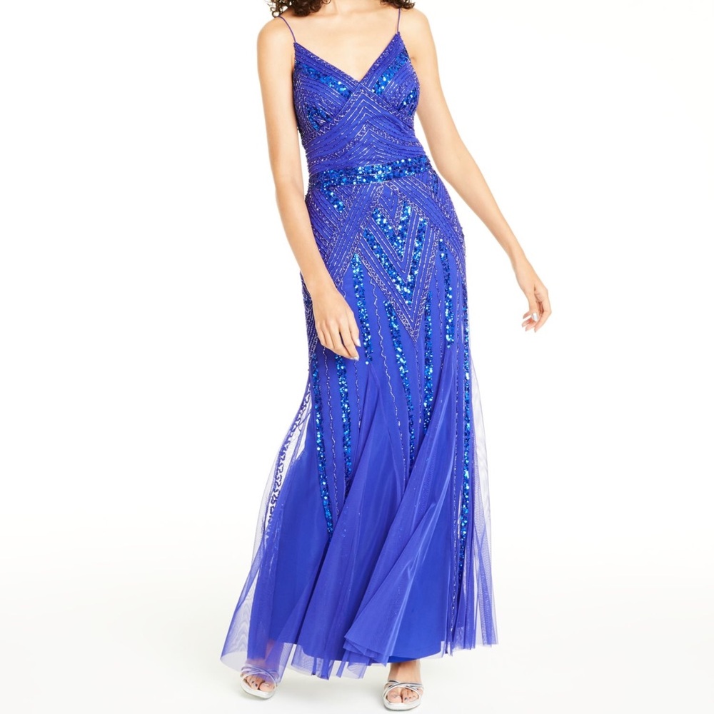 Jump Apparel Blue Beaded and Sequined Formal Gown